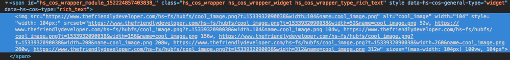 Captura de pantalla del elemento img con srcset agregado automáticamente con diferentes URL de tamaño